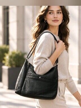Greenwood Leather "Tressa" Black Full Grain Leather Crossbody Hobo Bag